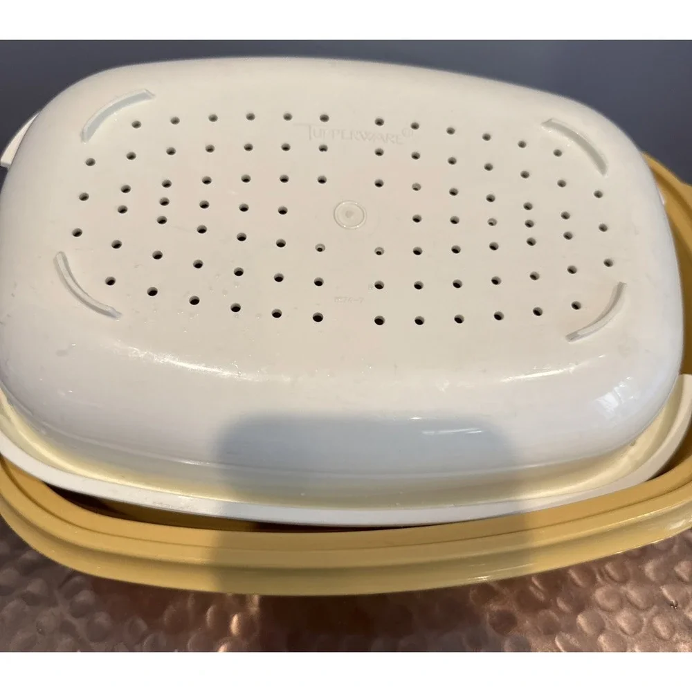 Vintage Tupperware Yellow Oblong Oval Casserole Dish Bowl Lid Strainer Colander